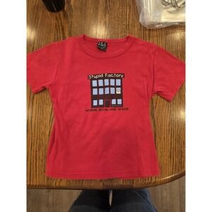 Y2K David & Goliath Baby Tee Red Graphic "Stupid Factory" Fitted XS S